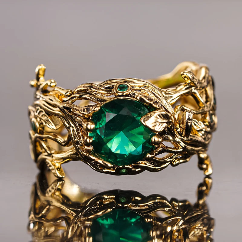 Green Cubic Zirconia Leaf Ring | Gold-Tone