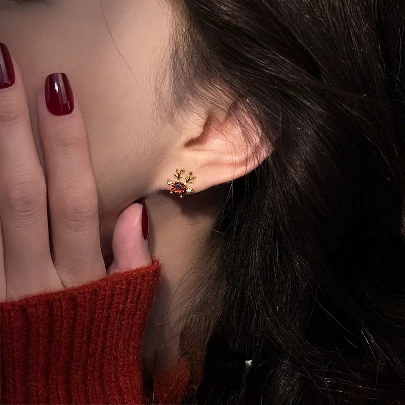 Christmas Reindeer Antler Stud Earrings | Red CZ