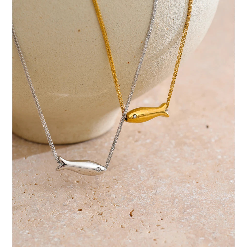 Zircon Fish Pendant Necklace | Gold & Silver-Tone