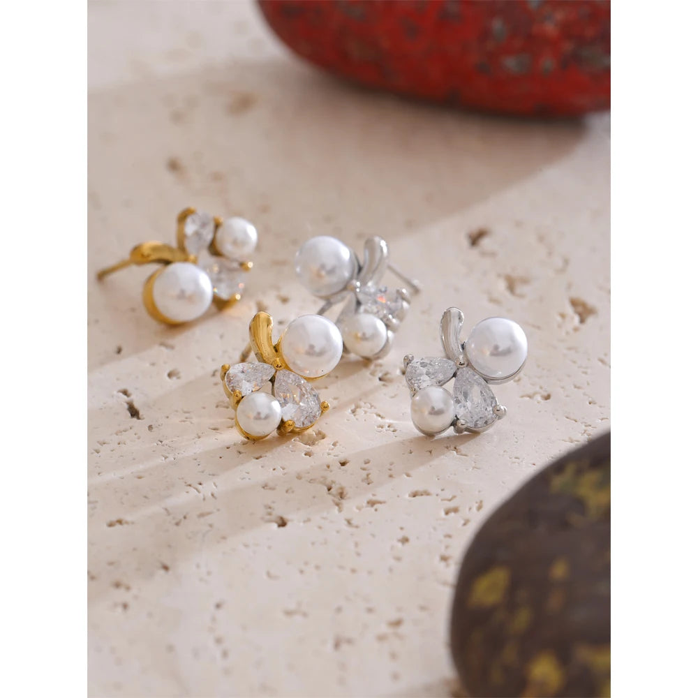 Pearl & Zirconia Floral Stud Earrings | Gold & Silver-Tone