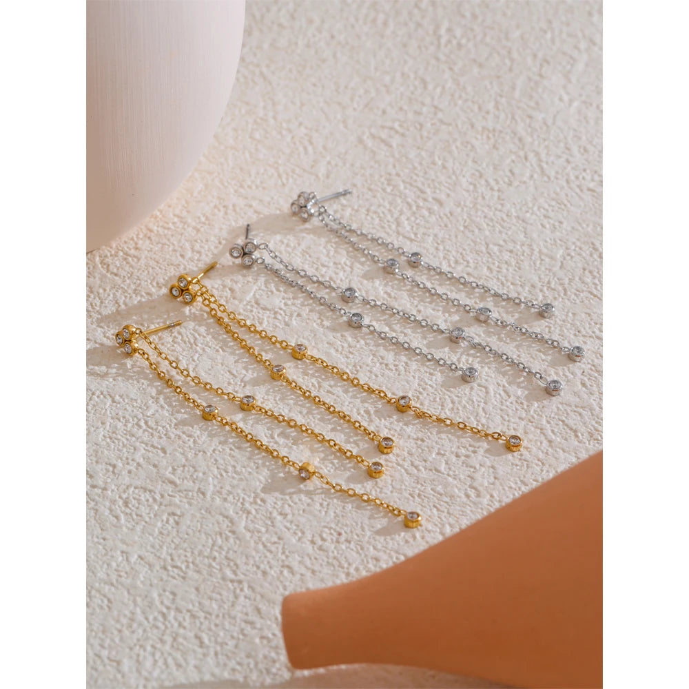 Zirconia Long Tassel Drop Earrings | Gold & Silver-Tone