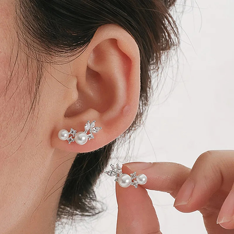 Simulated Pearl & Zirconia Stud Earrings | Gold & Silver-Tone