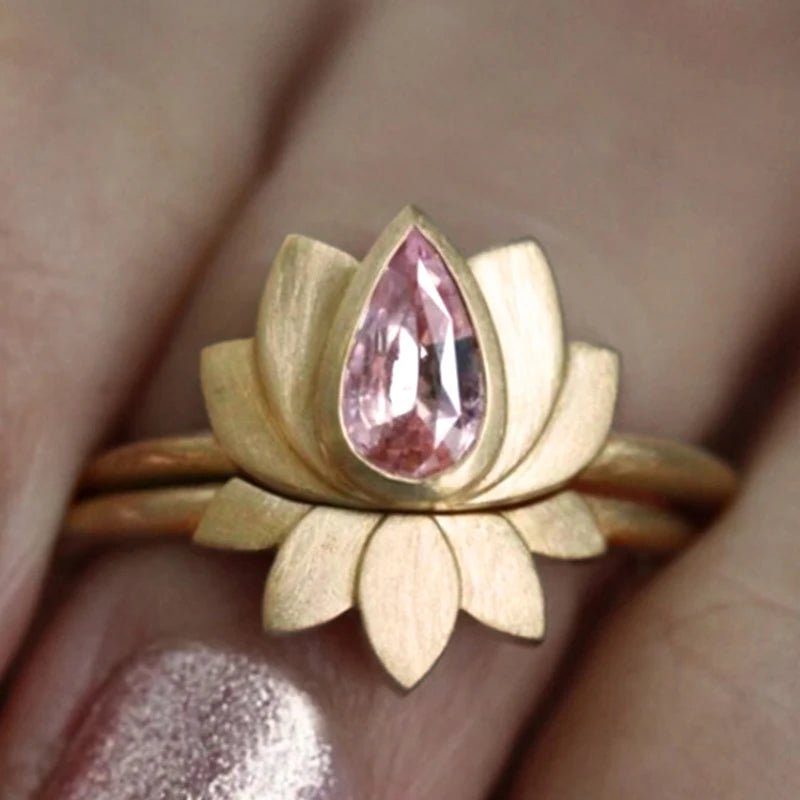 Pink Zirconia Lotus Ring Set | 2 Pieces