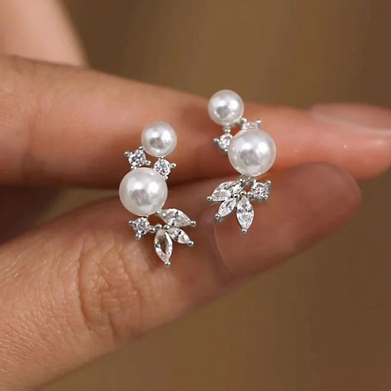 Simulated Pearl & Zirconia Stud Earrings | Gold & Silver-Tone