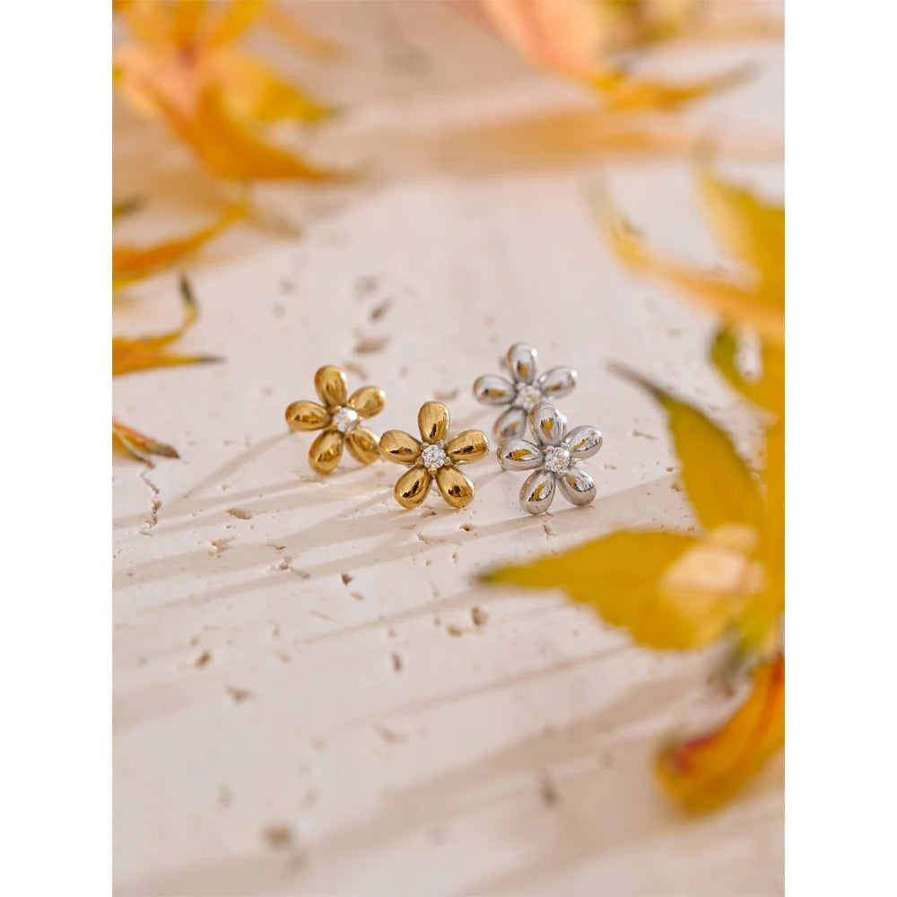 Zirconia Flower Stud Earrings | Gold & Silver-Tone