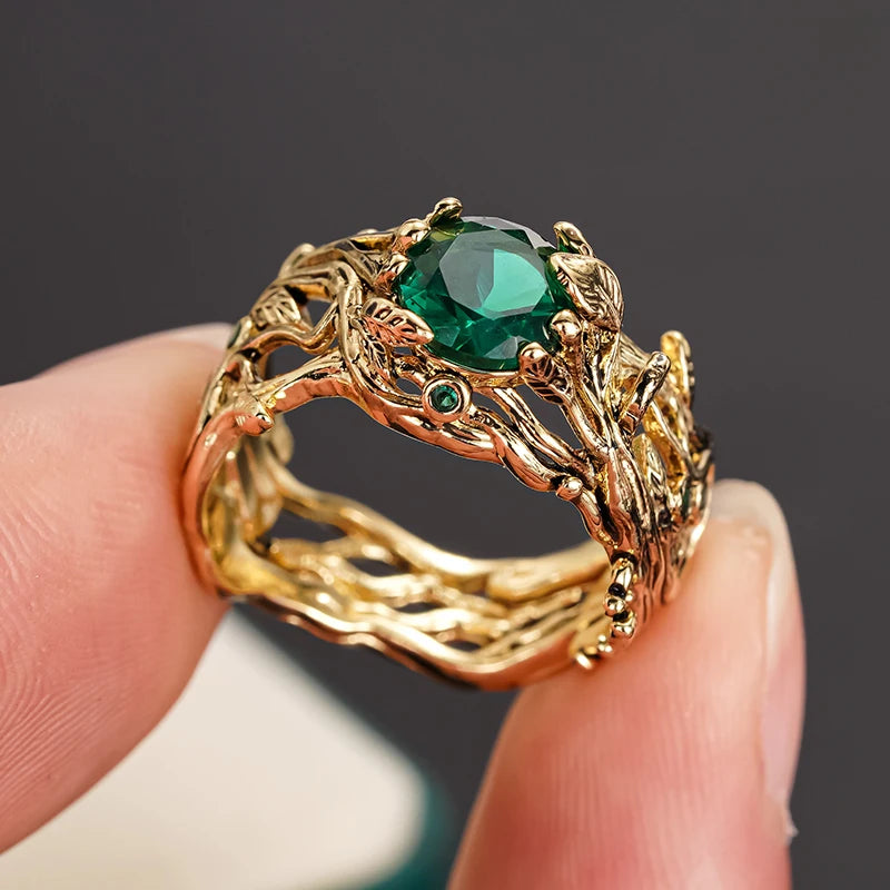 Green Cubic Zirconia Leaf Ring | Gold-Tone