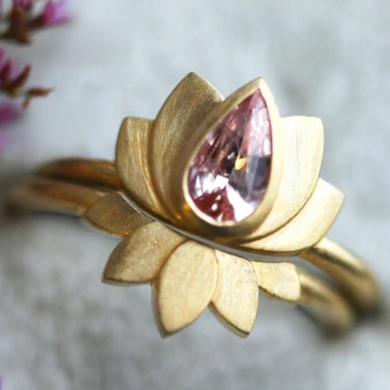 Pink Zirconia Lotus Ring Set | 2 Pieces