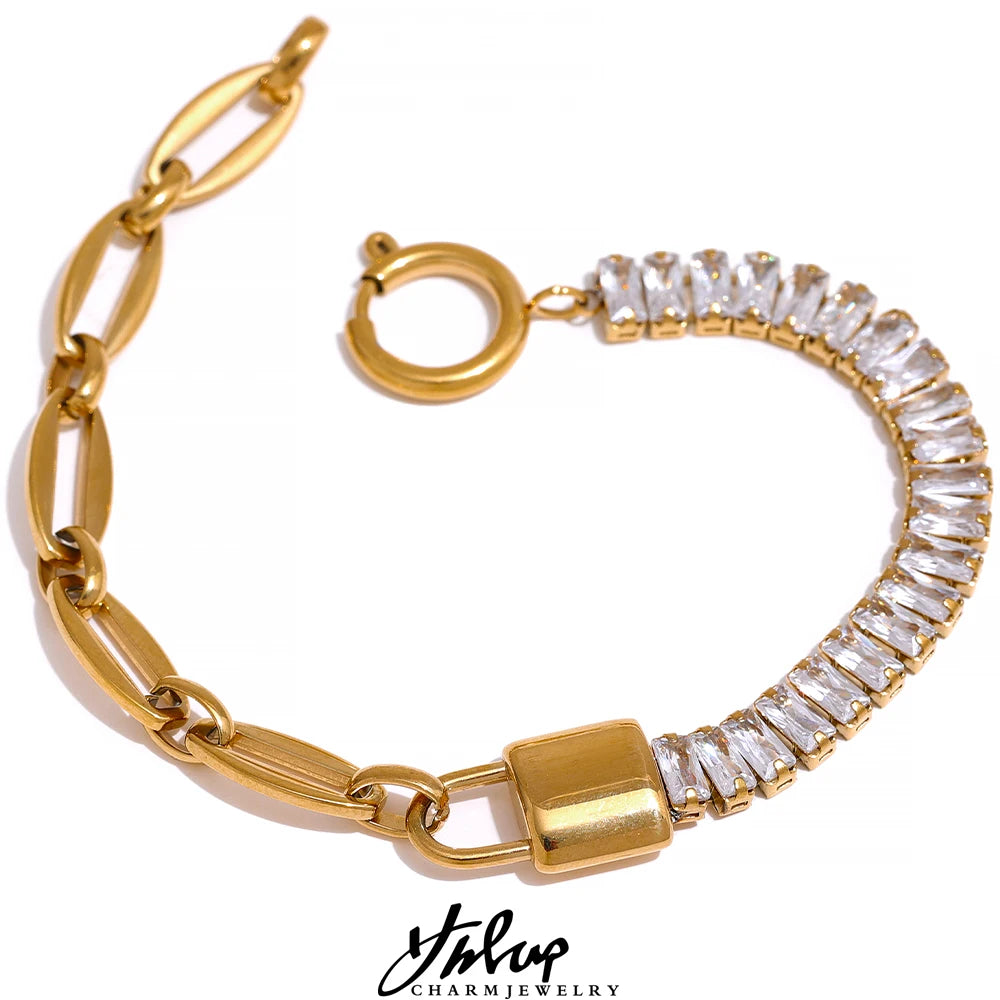 Zirconia Lock Chain Bracelet | Gold-Tone