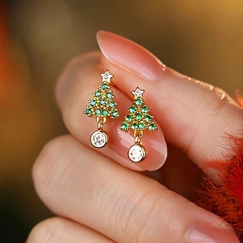 Green Zirconia Christmas Tree Drop Earrings