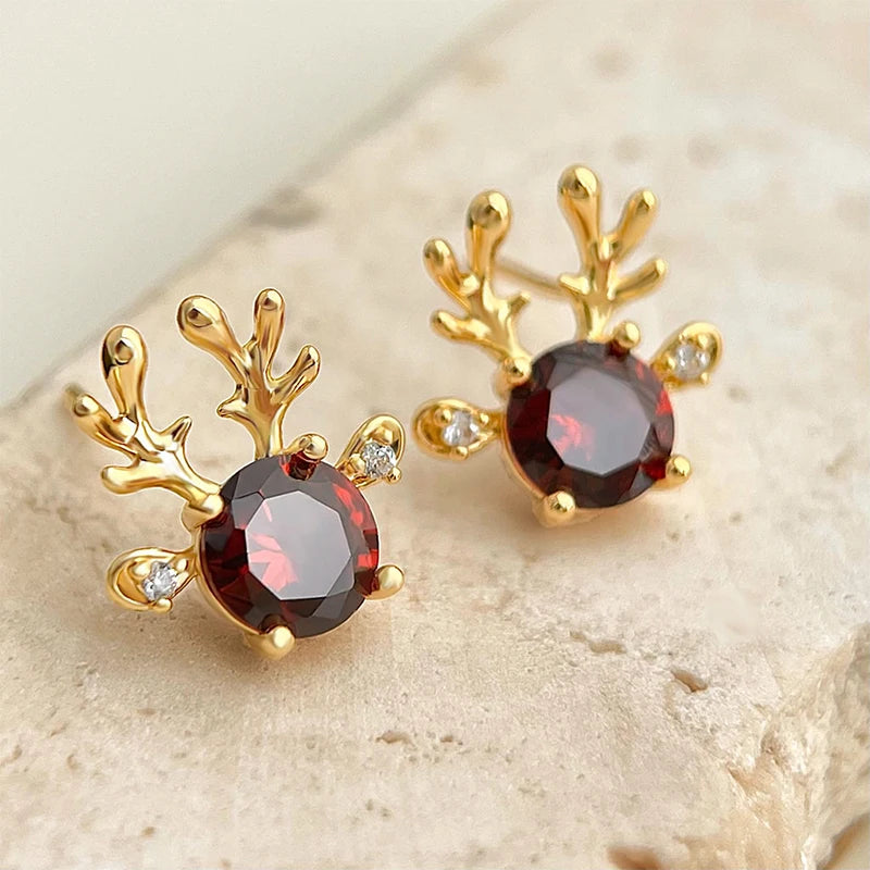 Christmas Reindeer Antler Stud Earrings | Red CZ