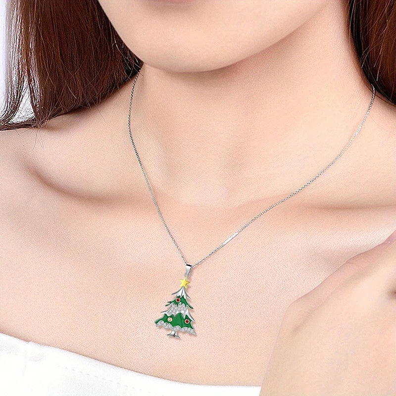 Green Enamel Christmas Tree Pendant Necklace