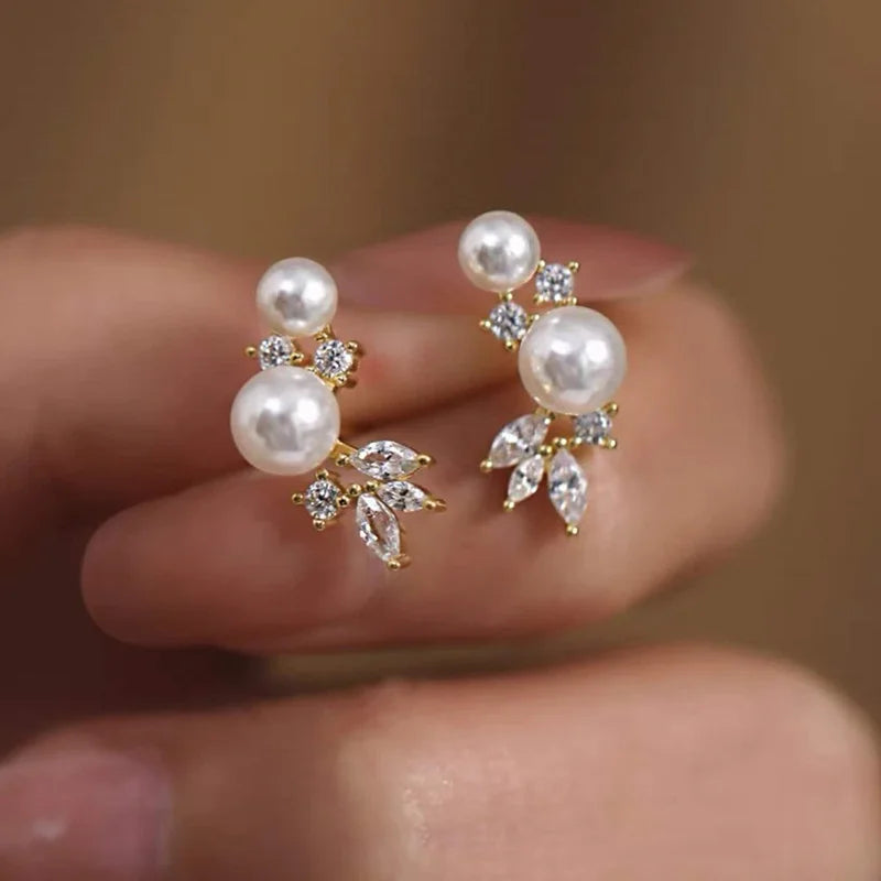 Simulated Pearl & Zirconia Stud Earrings | Gold & Silver-Tone