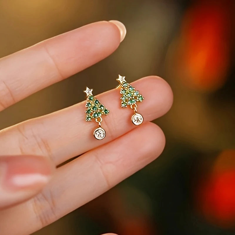 Green Zirconia Christmas Tree Drop Earrings