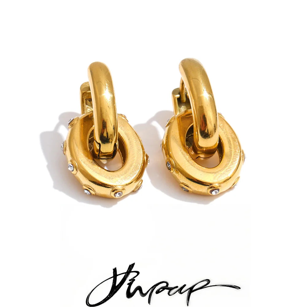 Oval Zirconia Drop Hoop Earrings | Gold-Tone