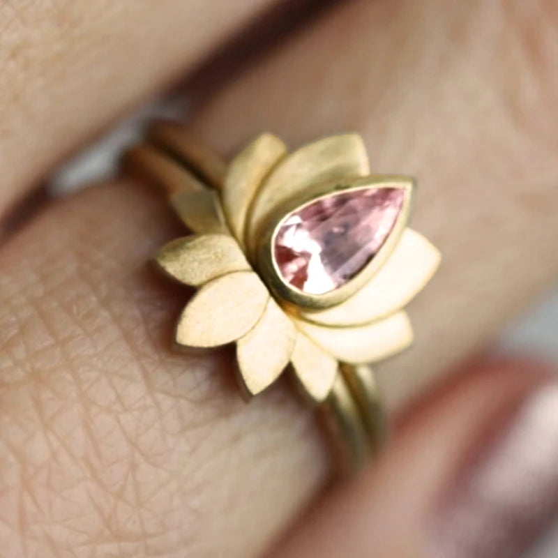 Pink Zirconia Lotus Ring Set | 2 Pieces