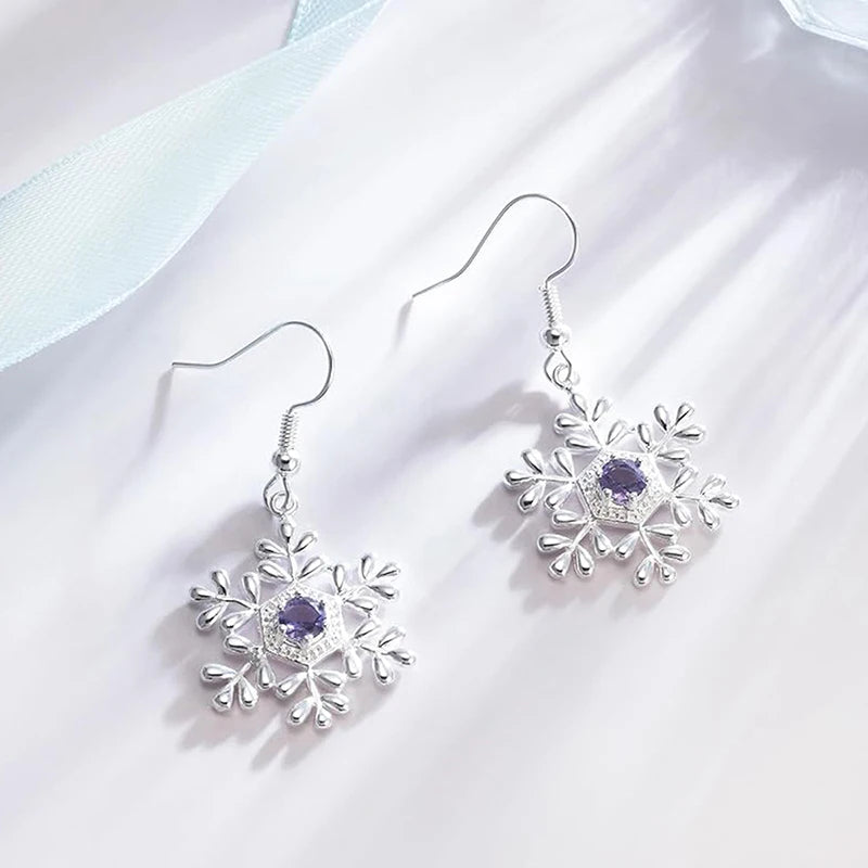 Purple Zirconia Snowflake Dangle Earrings