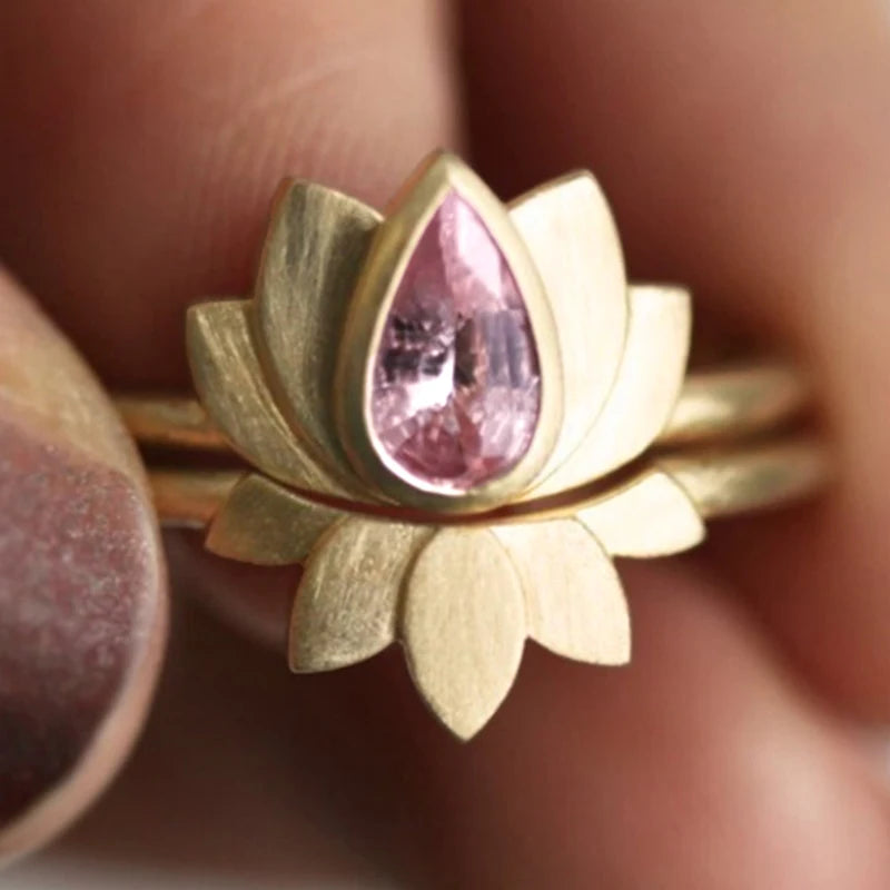 Pink Zirconia Lotus Ring Set | 2 Pieces