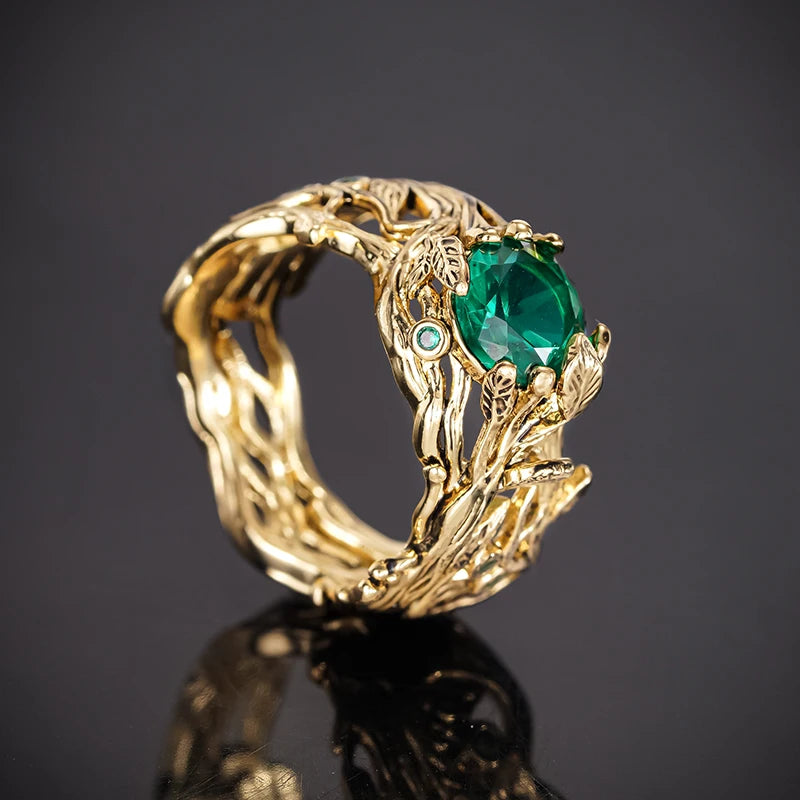 Green Cubic Zirconia Leaf Ring | Gold-Tone