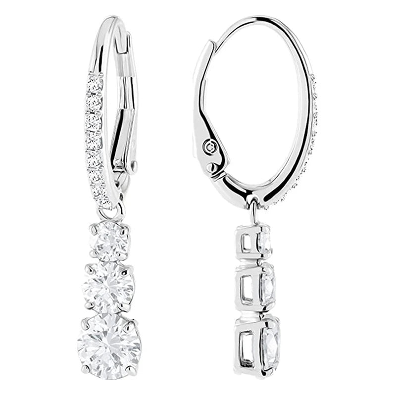 Round Zirconia Pendant Drop Earrings | Silver-Tone
