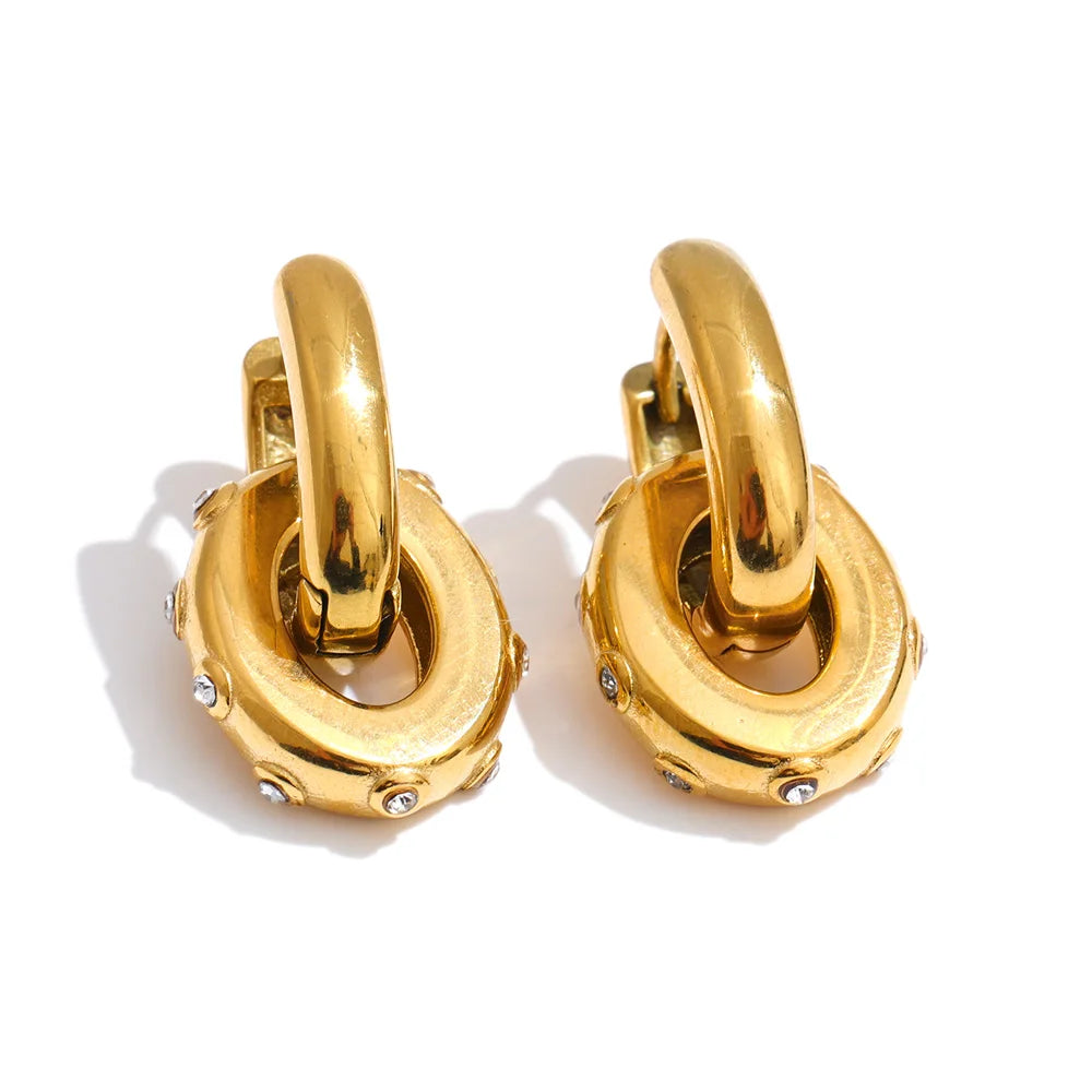 Oval Zirconia Drop Hoop Earrings | Gold-Tone