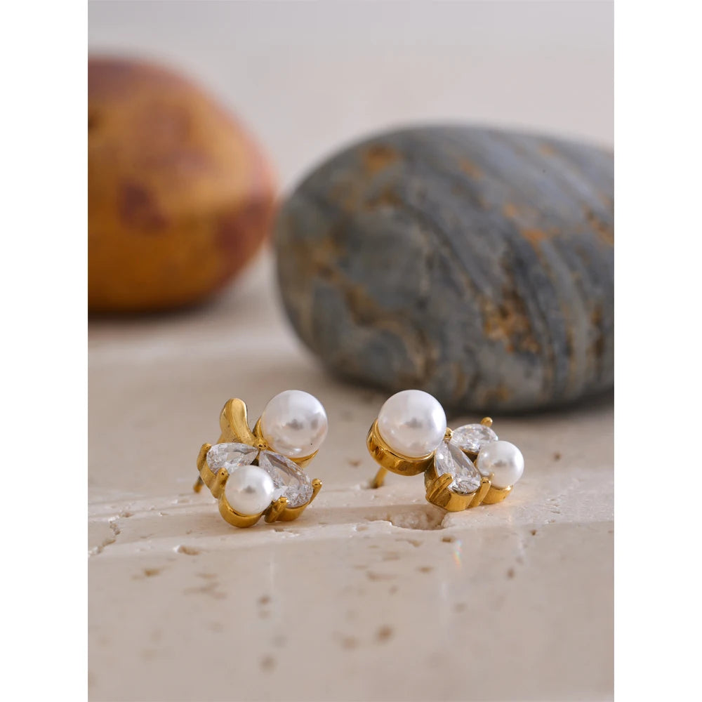 Pearl & Zirconia Floral Stud Earrings | Gold & Silver-Tone