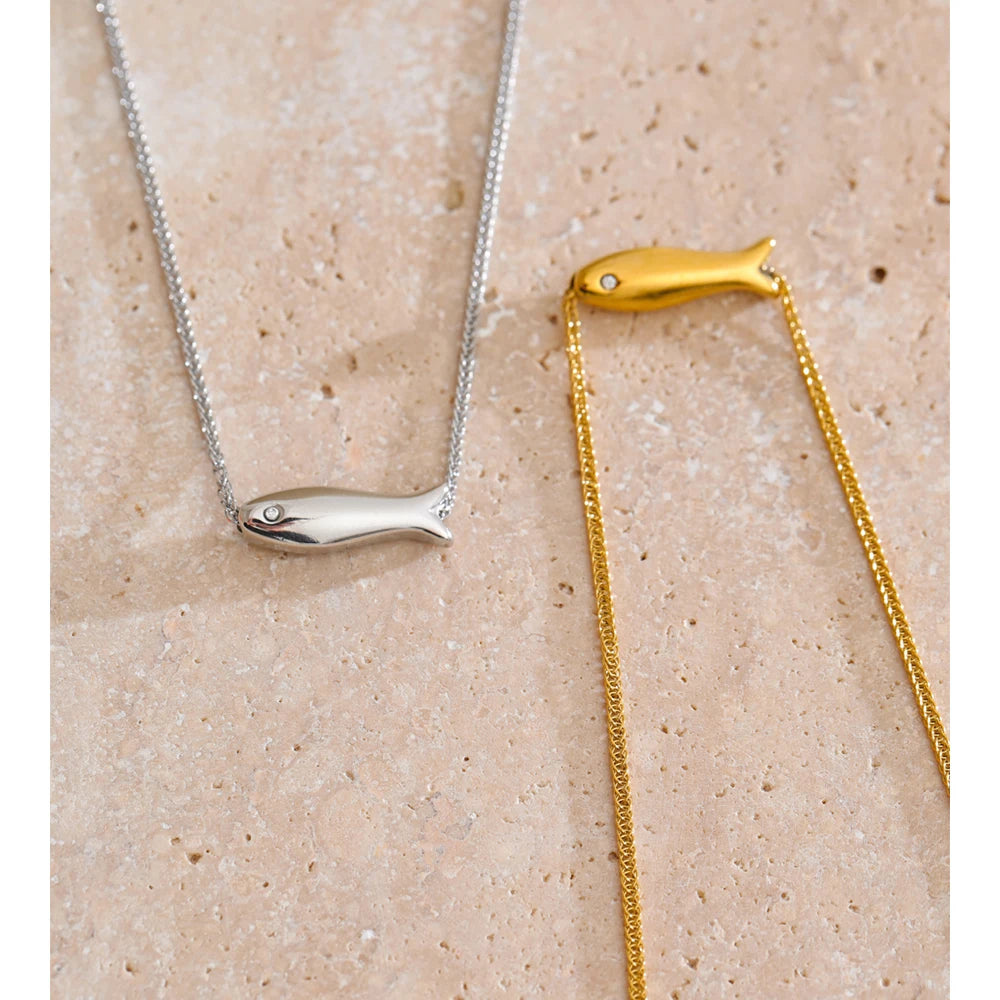 Zircon Fish Pendant Necklace | Gold & Silver-Tone