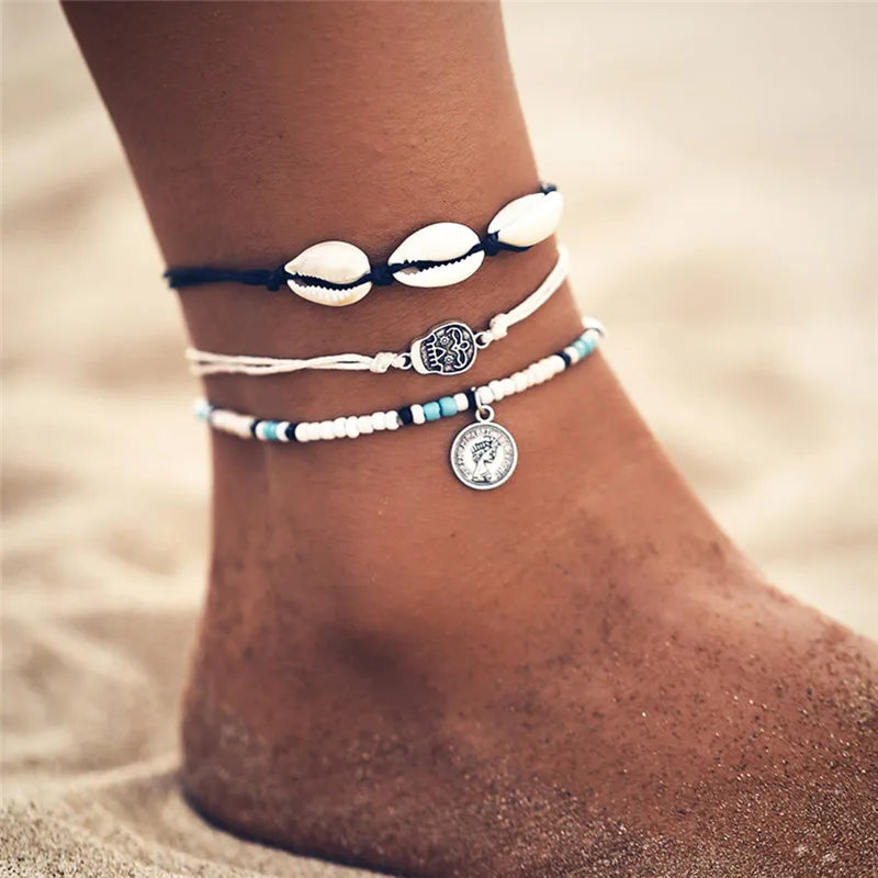 Vintage Mixed-Charm Shell Anklet