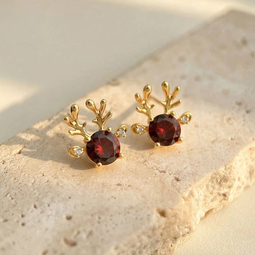 Christmas Reindeer Antler Stud Earrings | Red CZ