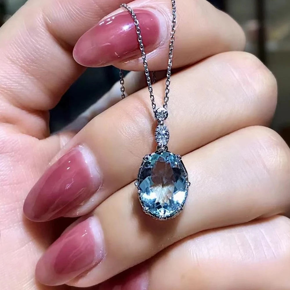 Blue Cubic Zirconia Pendant Necklace | Silver-Tone