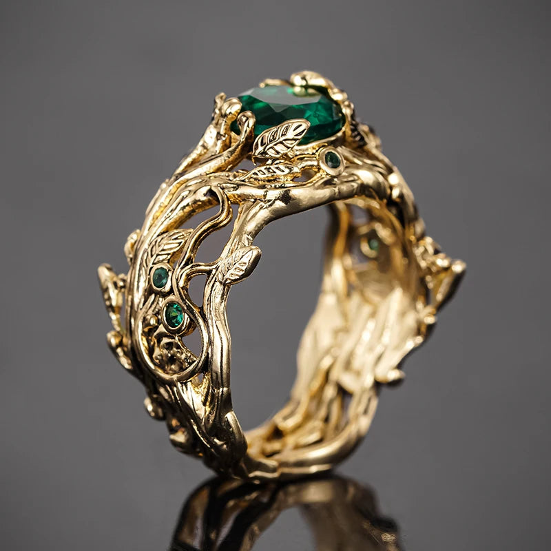 Green Cubic Zirconia Leaf Ring | Gold-Tone