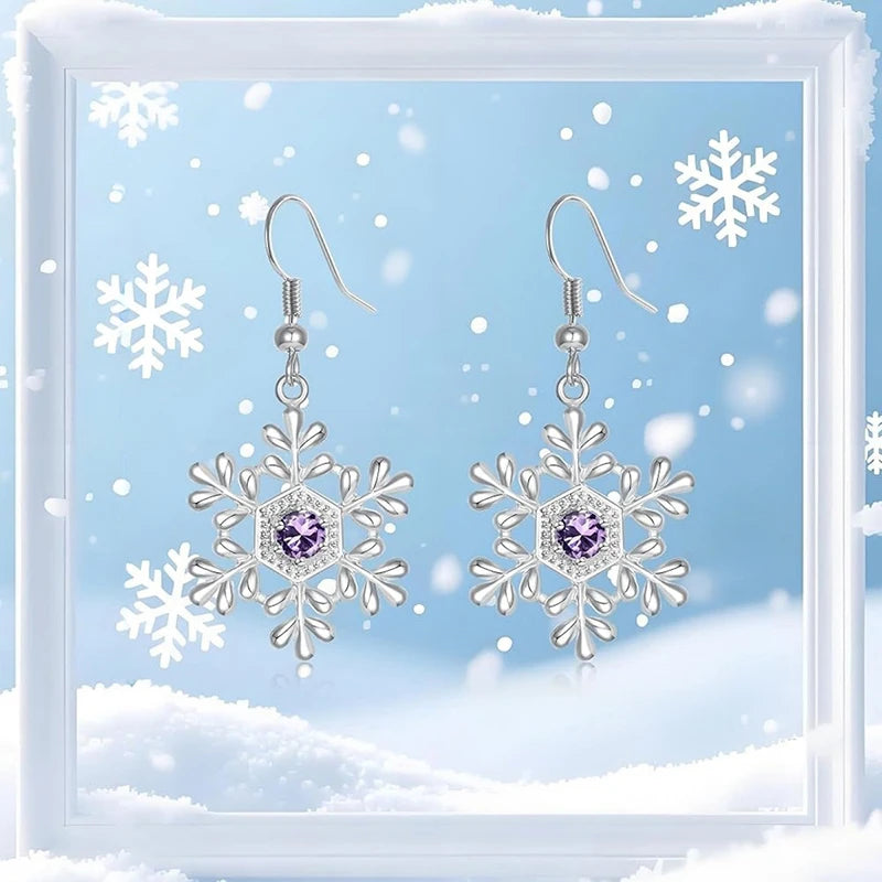 Purple Zirconia Snowflake Dangle Earrings