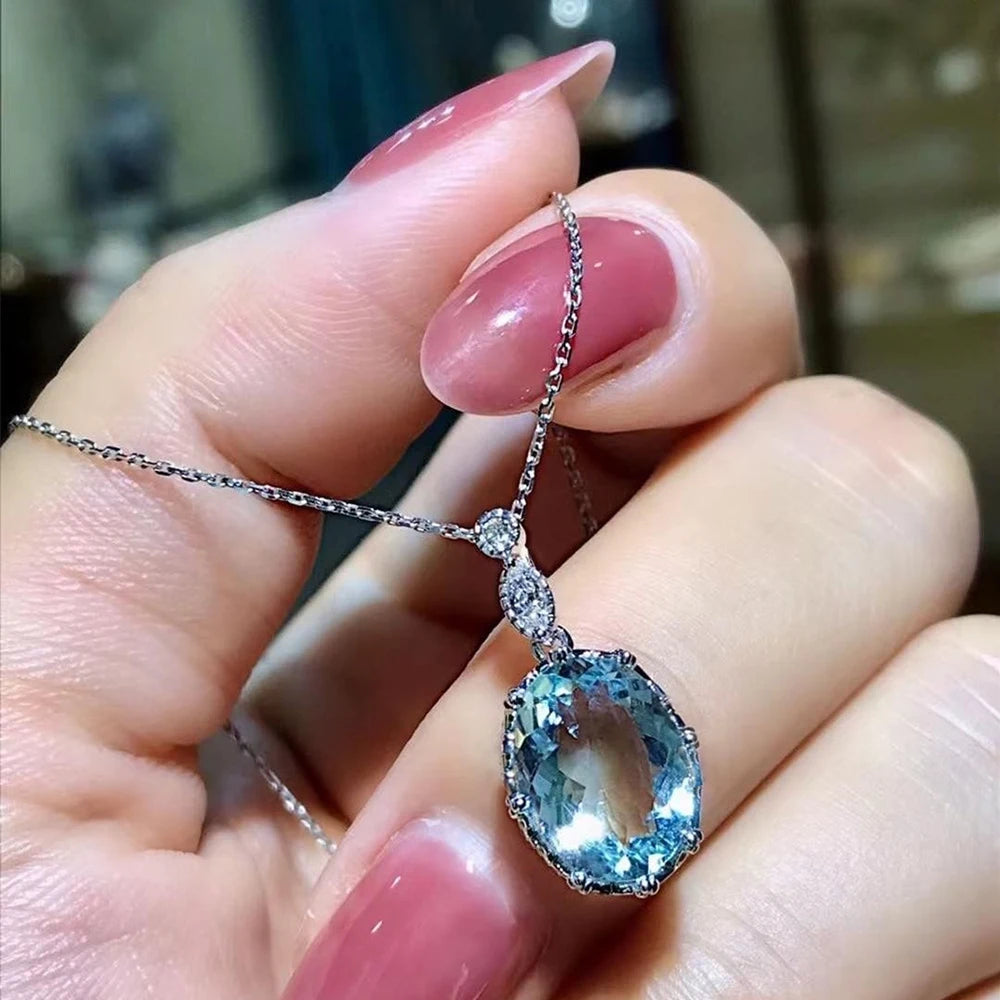 Blue Cubic Zirconia Pendant Necklace | Silver-Tone