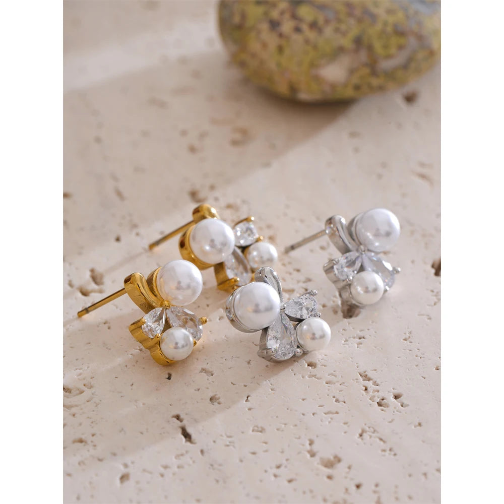 Pearl & Zirconia Floral Stud Earrings | Gold & Silver-Tone