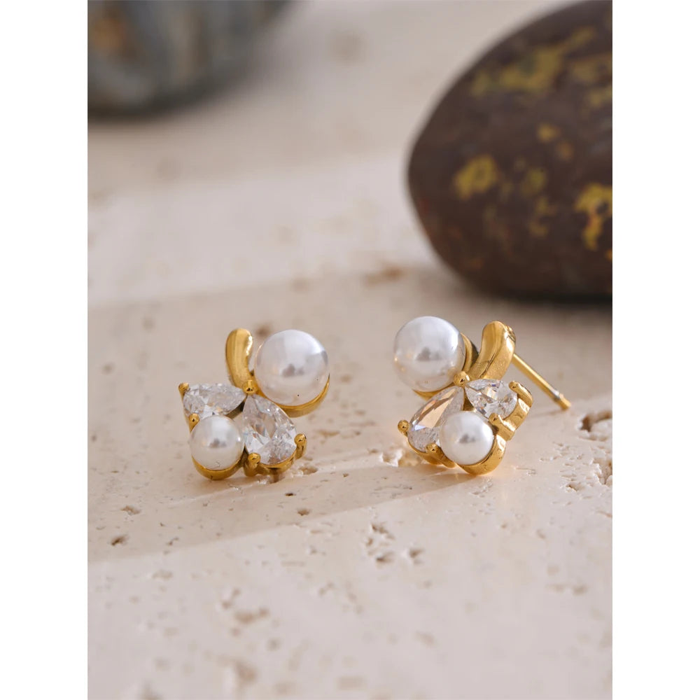 Pearl & Zirconia Floral Stud Earrings | Gold & Silver-Tone