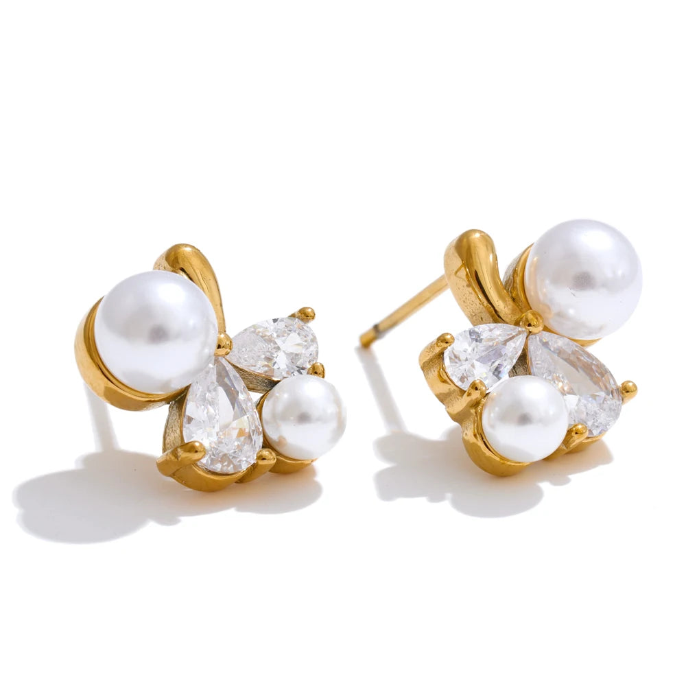 Pearl & Zirconia Floral Stud Earrings | Gold & Silver-Tone