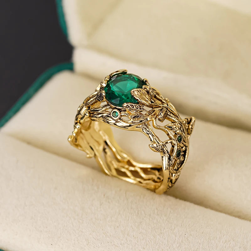 Green Cubic Zirconia Leaf Ring | Gold-Tone