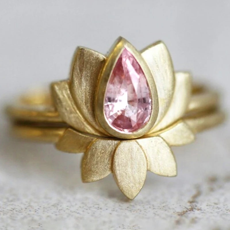 Pink Zirconia Lotus Ring Set | 2 Pieces