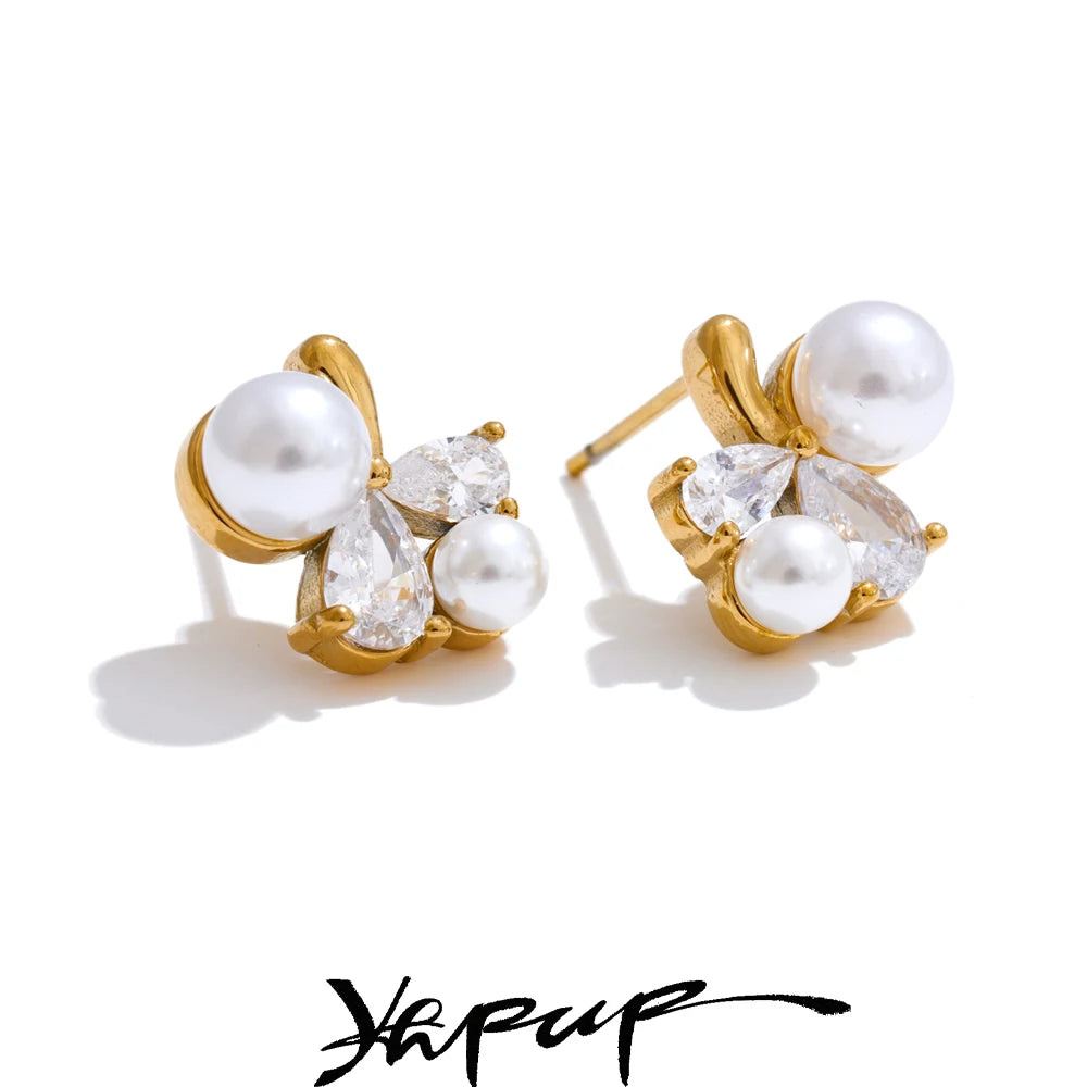 Pearl & Zirconia Floral Stud Earrings | Gold & Silver-Tone