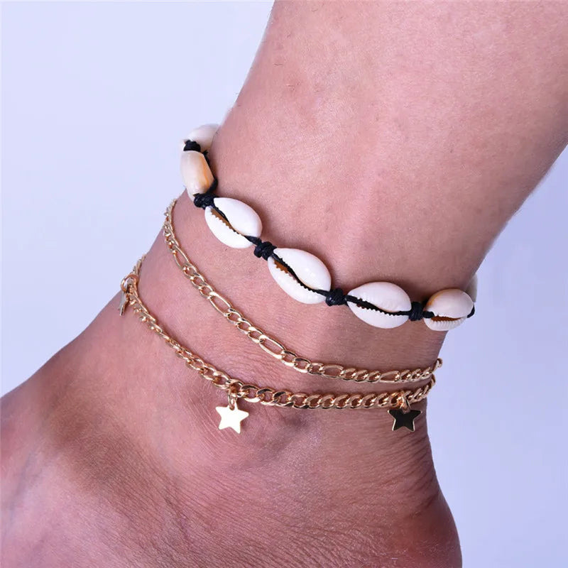 Vintage Mixed-Charm Shell Anklet