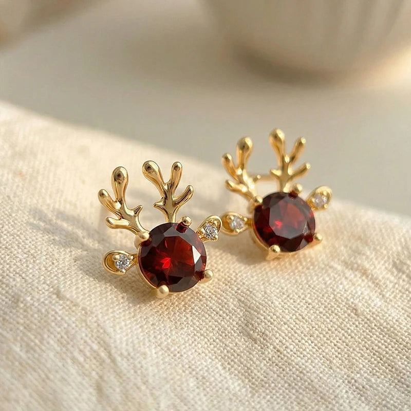 Christmas Reindeer Antler Stud Earrings | Red CZ