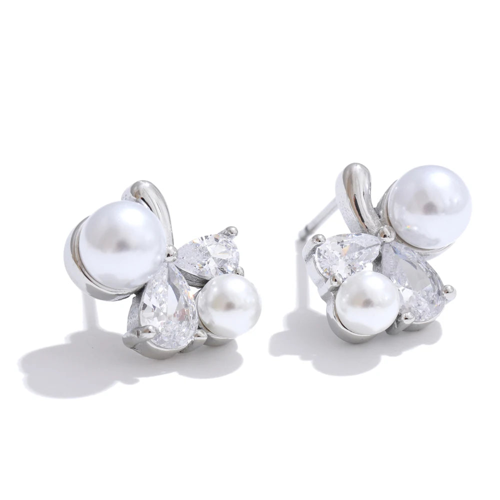 Pearl & Zirconia Floral Stud Earrings | Gold & Silver-Tone