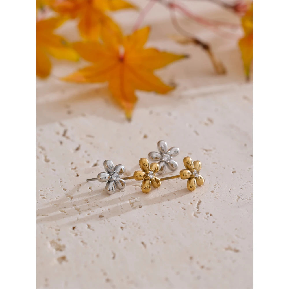 Zirconia Flower Stud Earrings | Gold & Silver-Tone