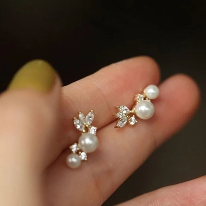 Simulated Pearl & Zirconia Stud Earrings | Gold & Silver-Tone